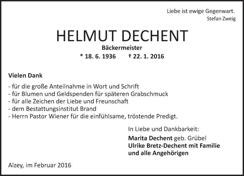  Traueranzeige für Helmut Dechent vom 20.02.2016 aus  Allgemeine Zeitung Alzey