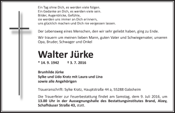 Traueranzeige von Walter Jürke von Trauerportal Rhein Main Presse