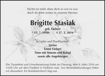 Traueranzeige von Brigitte Stasiak von  Bürstädter Zeitung