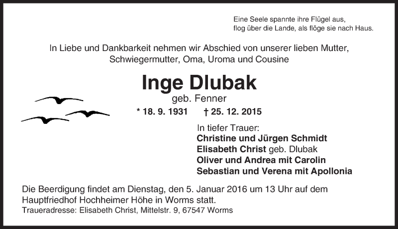  Traueranzeige für Inge Dlubak vom 02.01.2016 aus  Wormser Zeitung