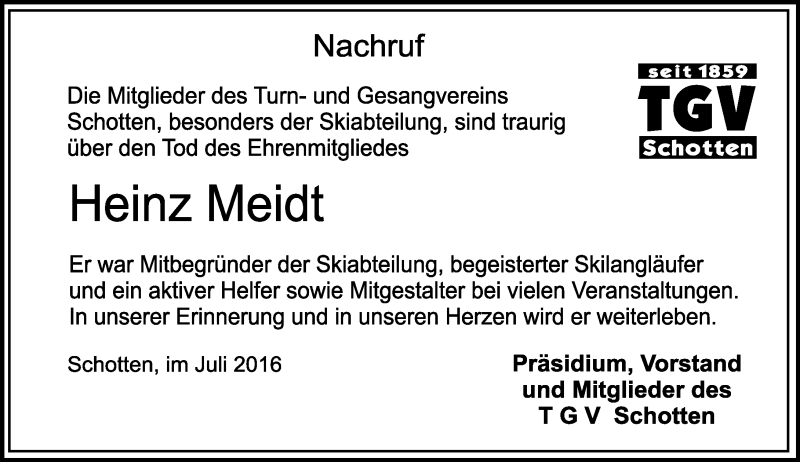  Traueranzeige für Heinz Meidt vom 16.07.2016 aus  Kreisanzeiger