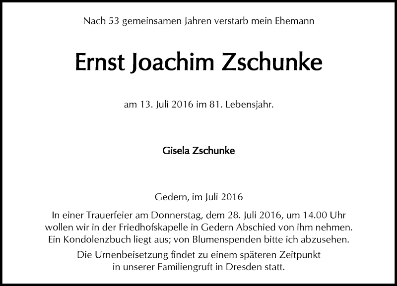  Traueranzeige für Ernst Joachim Zschunke vom 23.07.2016 aus  Kreisanzeiger
