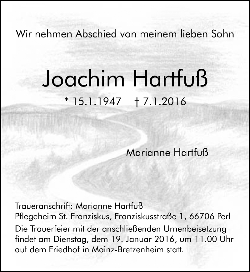  Traueranzeige für Joachim Hartfuß vom 13.01.2016 aus  Allgemeine Zeitung Mainz