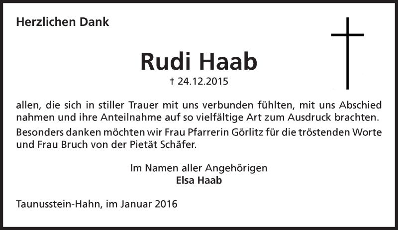  Traueranzeige für Rudi Haab vom 30.01.2016 aus  WK-UTA/Aar-Bote