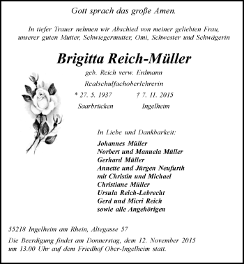 Traueranzeige von Brigitta Reich-Müller von  Allgemeine Zeitung Mainz