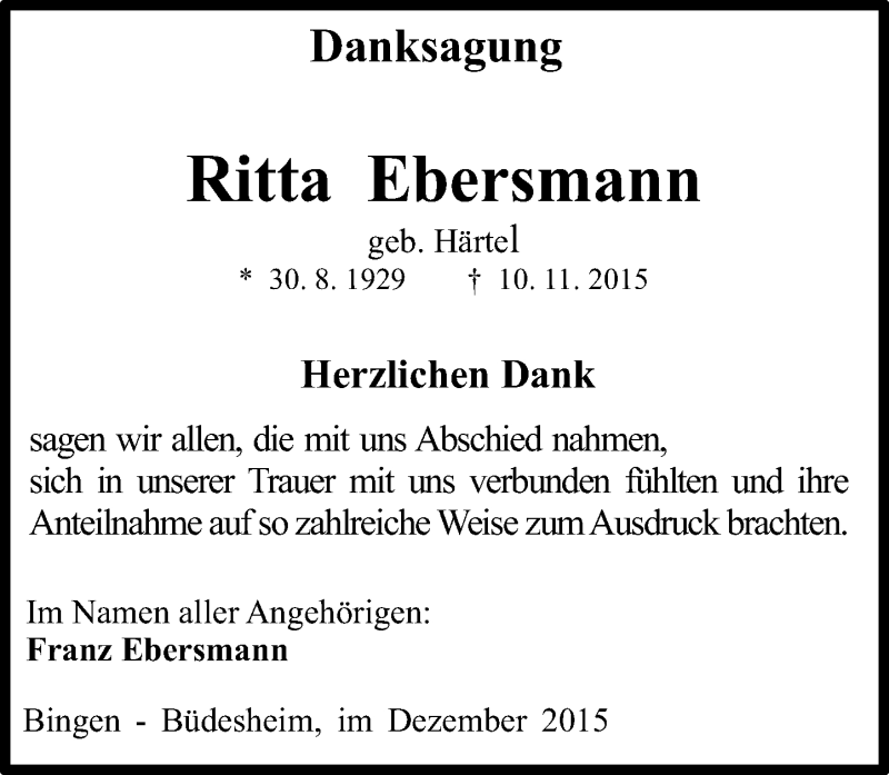  Traueranzeige für Ritta Ebersmann vom 12.12.2015 aus  Allgemeine  Zeitung Ingelheim-Bingen