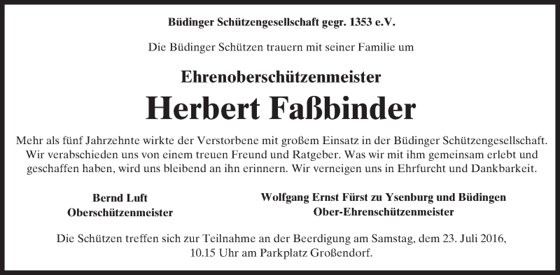  Traueranzeige für Herbert Faßbinder vom 21.07.2016 aus  Kreisanzeiger