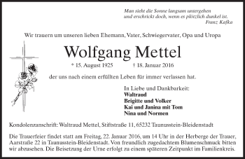 Traueranzeige von Wolfgang Mettel von  Wiesbaden komplett