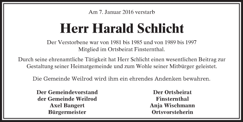  Traueranzeige für Harald Schlicht vom 20.01.2016 aus  Usinger Anzeiger