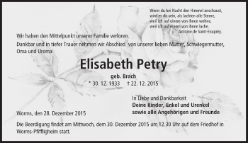 Traueranzeige von Elisabeth Petry von  Wormser Zeitung