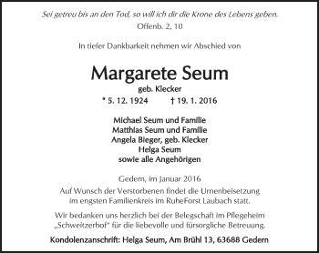 Traueranzeige von Margarete Seum von  Kreisanzeiger