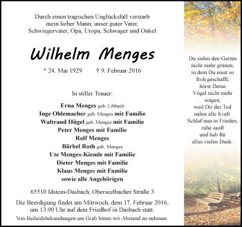 Traueranzeige von Wilhelm Menges von  Idsteiner Zeitung