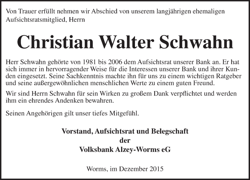  Traueranzeige für Christian Walter Schwahn vom 08.12.2015 aus  Wormser Zeitung