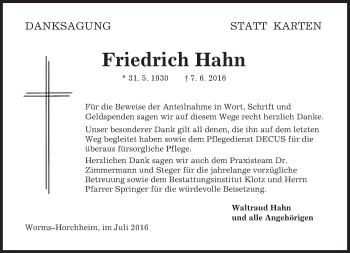 Traueranzeige von Friedrich Hahn von Trauerportal Rhein Main Presse