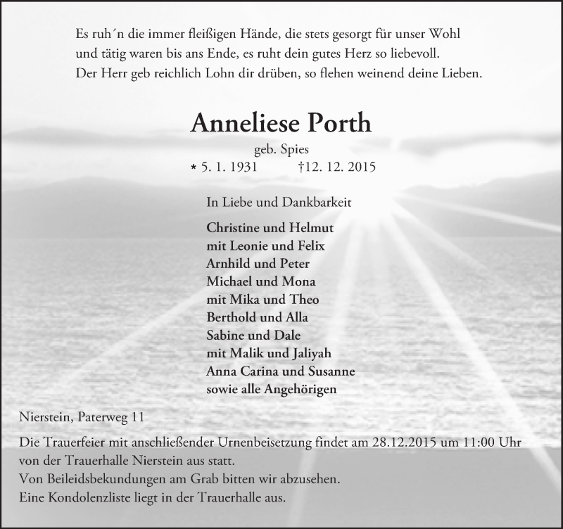  Traueranzeige für Anneliese Porth vom 17.12.2015 aus  Landskrone