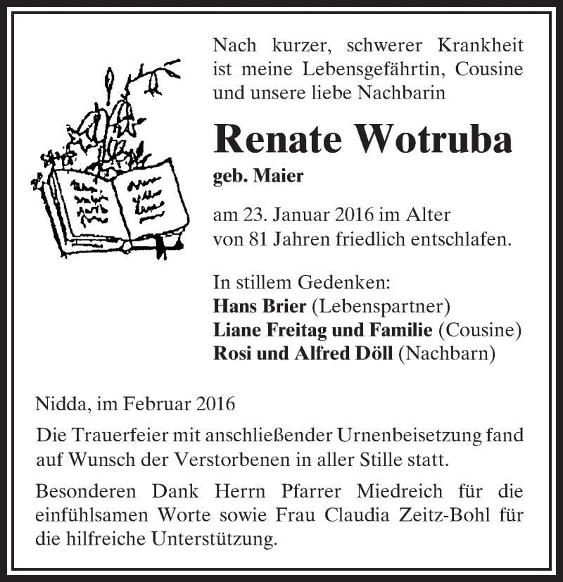  Traueranzeige für Renate Wotruba vom 13.02.2016 aus  Sonntags Anzeiger