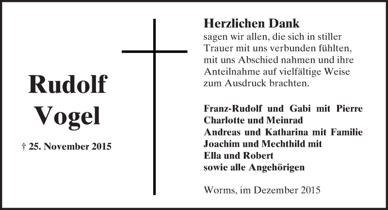  Traueranzeige für Rudolf Vogel vom 23.12.2015 aus  Wormser Zeitung