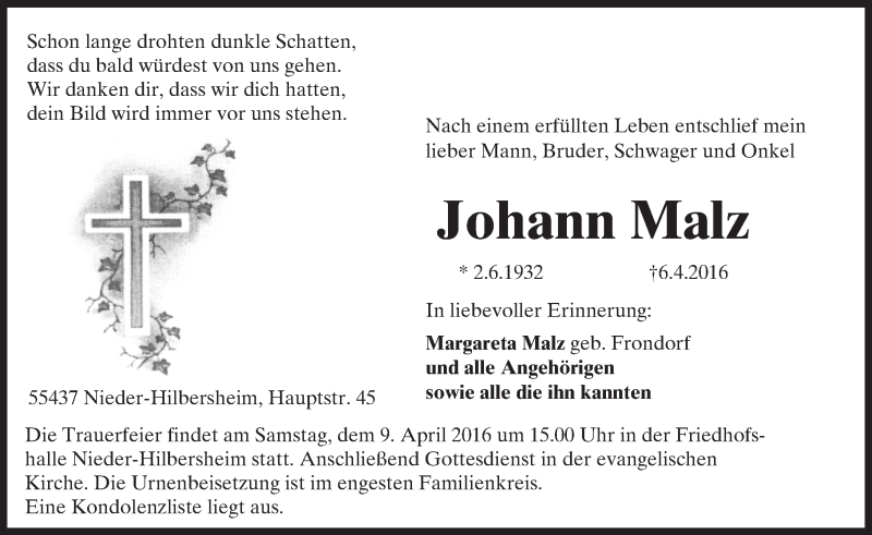  Traueranzeige für Johann Malz vom 07.04.2016 aus  Allgemeine  Zeitung Ingelheim-Bingen