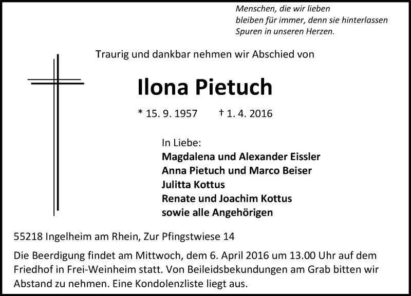  Traueranzeige für Ilona Pietuch vom 05.04.2016 aus  Allgemeine  Zeitung Ingelheim-Bingen