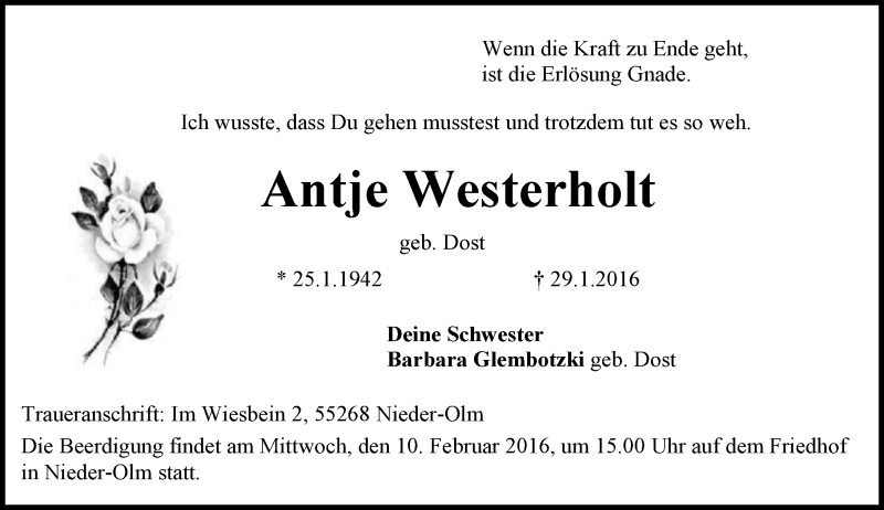 Traueranzeige für Antje Westerholt vom 06.02.2016 aus  Allgemeine Zeitung Mainz