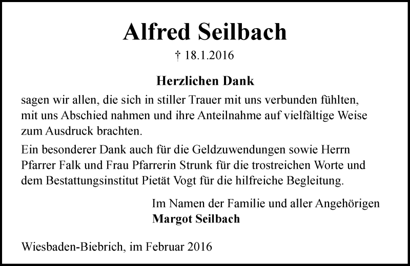  Traueranzeige für Alfred Seilbach vom 06.02.2016 aus  Wiesbaden komplett