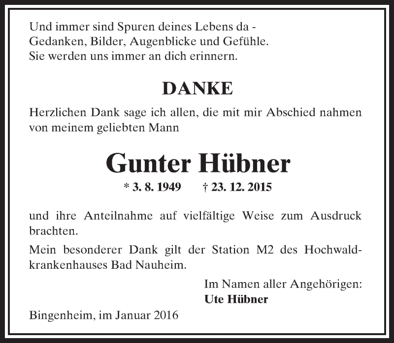  Traueranzeige für Gunter Hübner vom 14.01.2016 aus  Tipp