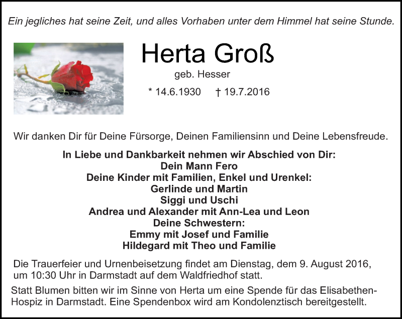  Traueranzeige für Herta Groß vom 23.07.2016 aus Trauerportal Echo Online