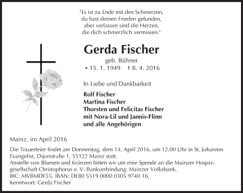 Traueranzeige von Gerda Fischer von  Allgemeine Zeitung Mainz