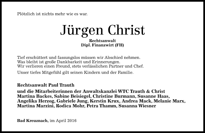  Traueranzeige für Jürgen Christ vom 07.04.2016 aus trauer.rmp.de