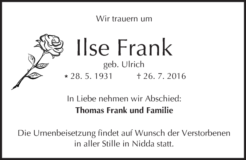  Traueranzeige für Ilse Frank vom 30.07.2016 aus  Kreisanzeiger