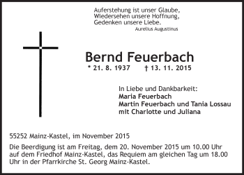 Traueranzeige von Bernd Feuerbach von  Allgemeine Zeitung Mainz