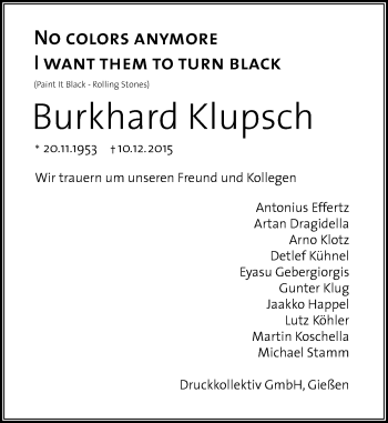 Traueranzeige von Burkhard Klupsch von  Gießener Anzeiger