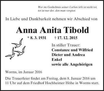 Traueranzeige von Anna Anita Tibold von  Wormser Zeitung