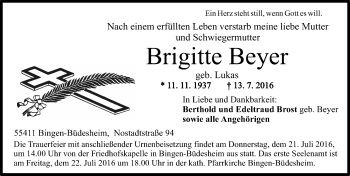 Traueranzeige von Brigitte Beyer von Trauerportal Rhein Main Presse