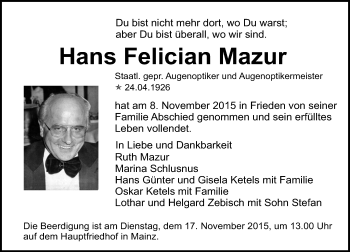Traueranzeige von Hans Felician Mazur von  Allgemeine Zeitung Mainz