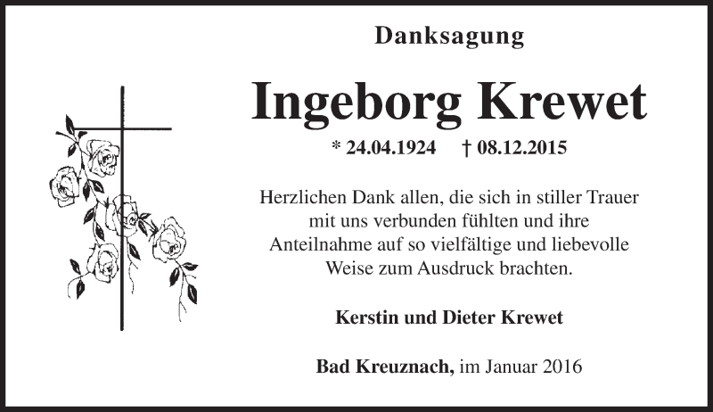  Traueranzeige für Ingeborg Krewet vom 16.01.2016 aus  Allg. Zeitung Bad Kreuznach