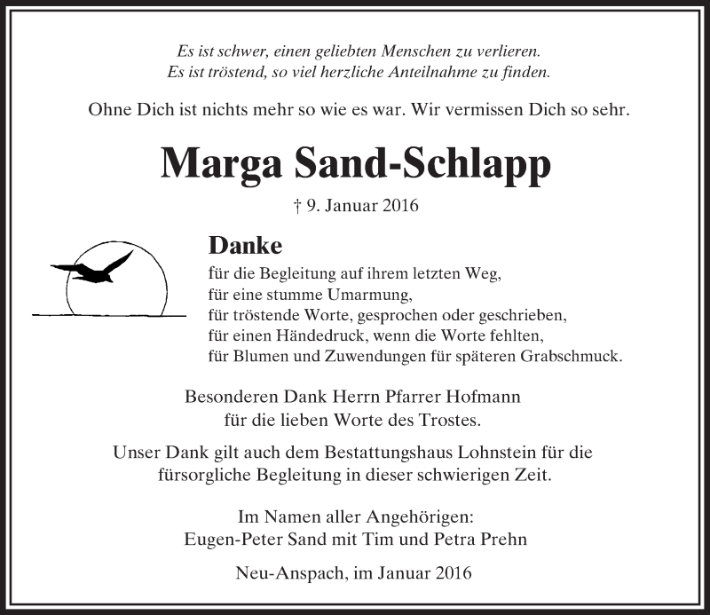  Traueranzeige für Marga Sand-Schlapp vom 30.01.2016 aus  Usinger Anzeiger