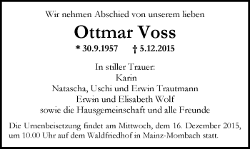 Traueranzeige von Ottmar Voss von  Allgemeine Zeitung Mainz