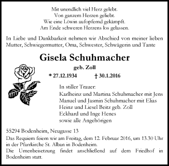 Traueranzeige von Gisela Schuhmacher von  Allgemeine Zeitung Mainz