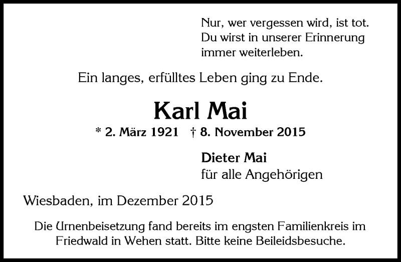  Traueranzeige für Karl Mai vom 12.12.2015 aus  Wiesbaden komplett