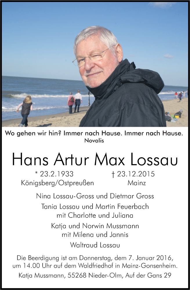  Traueranzeige für Hans Artur Max Lossau vom 02.01.2016 aus  Allgemeine Zeitung Mainz
