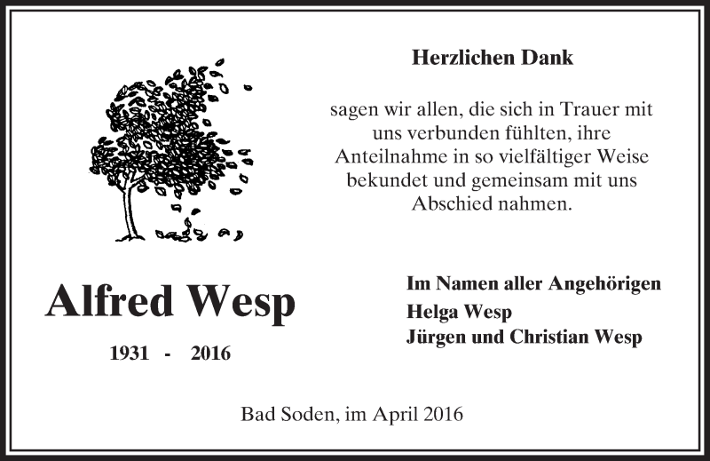  Traueranzeige für Alfred Wesp vom 09.04.2016 aus  GT am Sonntag