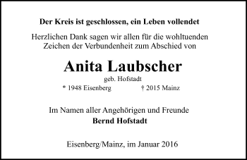 Traueranzeige von Anita Laubscher von  Allgemeine Zeitung Mainz