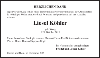 Traueranzeige von Liesel Köhler von  Wormser Zeitung