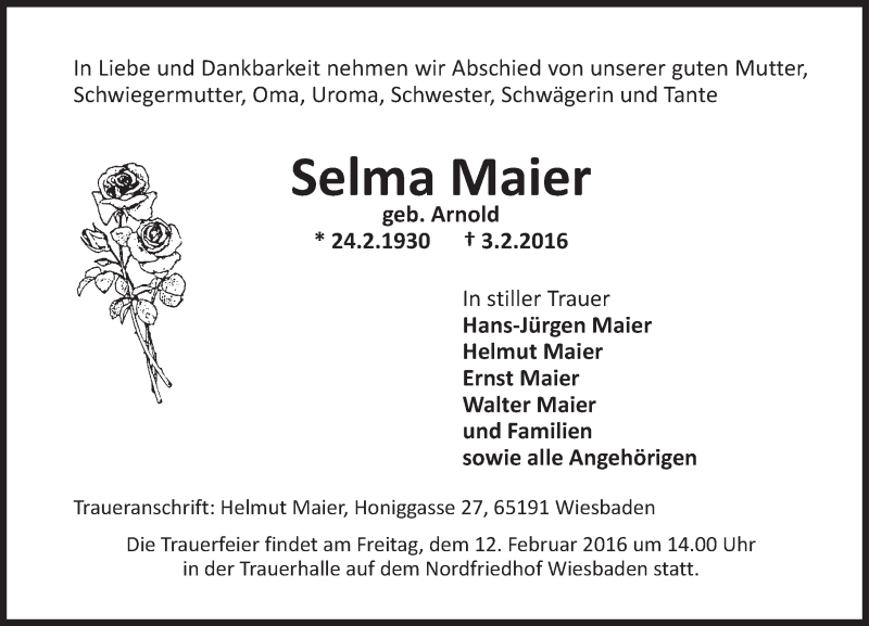  Traueranzeige für Selma Maier vom 06.02.2016 aus  Wiesbaden komplett