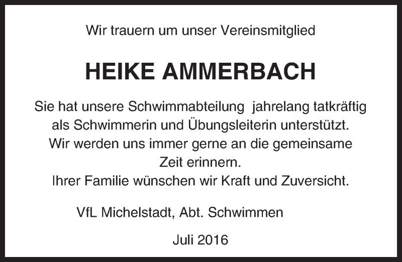 Traueranzeige für Heike Ammerbach vom 22.07.2016 aus Trauerportal Echo Online