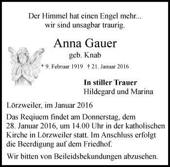 Traueranzeige von Anna Gauer von  Landskrone