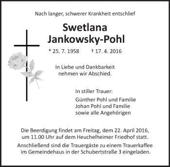 Traueranzeige von Swetlana Jankowsky-Pohl von  Gießener Anzeiger