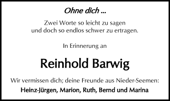 Traueranzeige von Reinhold Barwig von  Kreisanzeiger