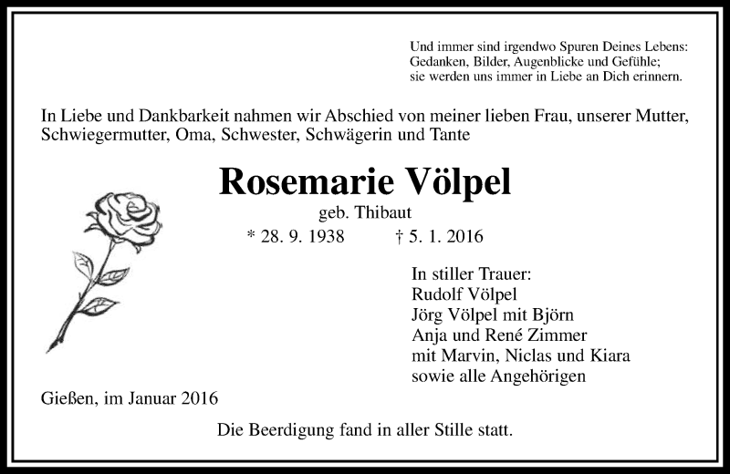  Traueranzeige für Rosemarie Völpel vom 12.01.2016 aus  Gießener Anzeiger
